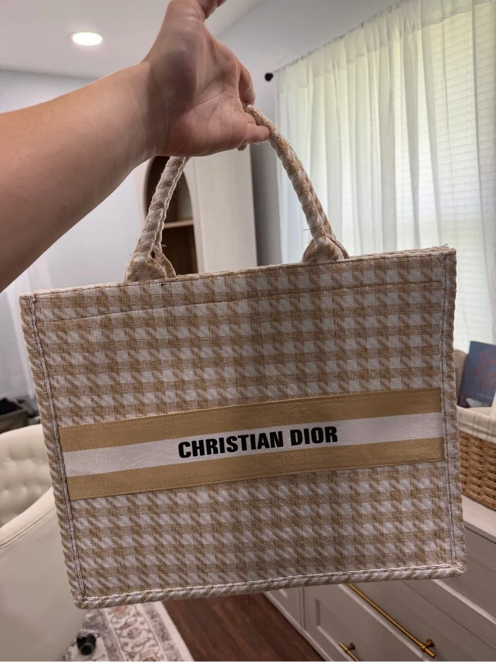 Dior Beige and White Houndstooth Canvas Messenger Tote